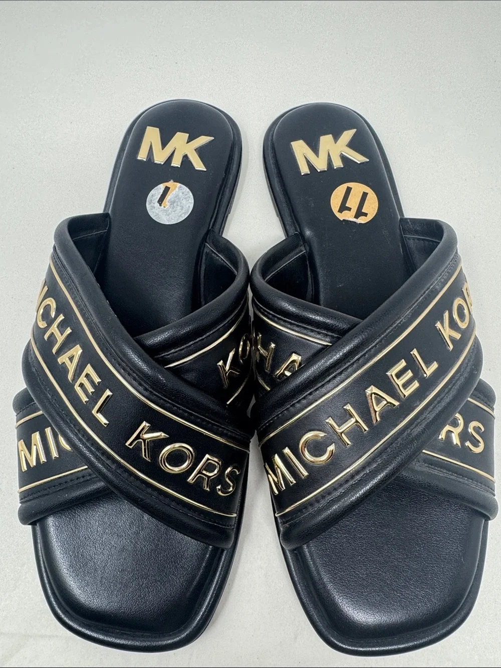MK MICHAEL KORS GIDEON SLIDE WOMEN'S SHOES SIZE 11 CRISS CROSS GOLD BLACK SANDAL